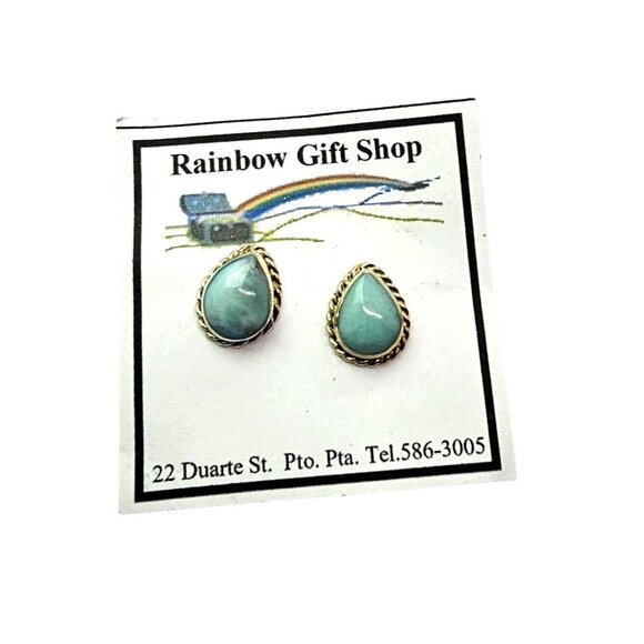 Sterling Silver Larimar Teardrop Cabochon Pierced Earrings Dominican Republic - Picture 1 of 10